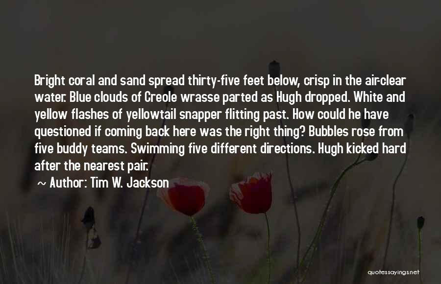 Tim W. Jackson Quotes: Bright Coral And Sand Spread Thirty-five Feet Below, Crisp In The Air-clear Water. Blue Clouds Of Creole Wrasse Parted As