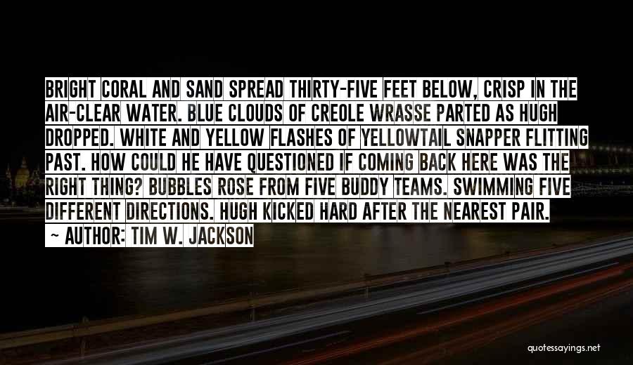 Tim W. Jackson Quotes: Bright Coral And Sand Spread Thirty-five Feet Below, Crisp In The Air-clear Water. Blue Clouds Of Creole Wrasse Parted As