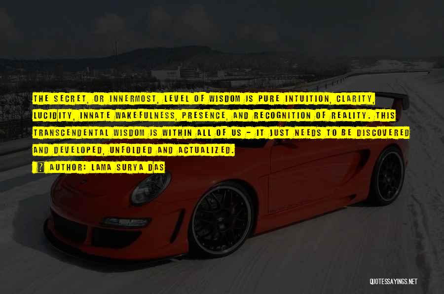 Lama Surya Das Quotes: The Secret, Or Innermost, Level Of Wisdom Is Pure Intuition, Clarity, Lucidity, Innate Wakefulness, Presence, And Recognition Of Reality. This