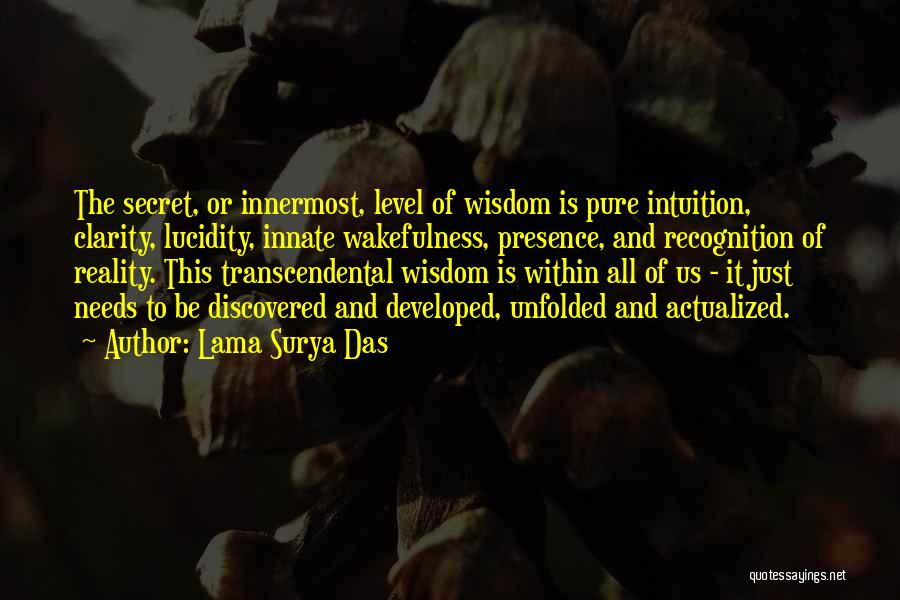 Lama Surya Das Quotes: The Secret, Or Innermost, Level Of Wisdom Is Pure Intuition, Clarity, Lucidity, Innate Wakefulness, Presence, And Recognition Of Reality. This