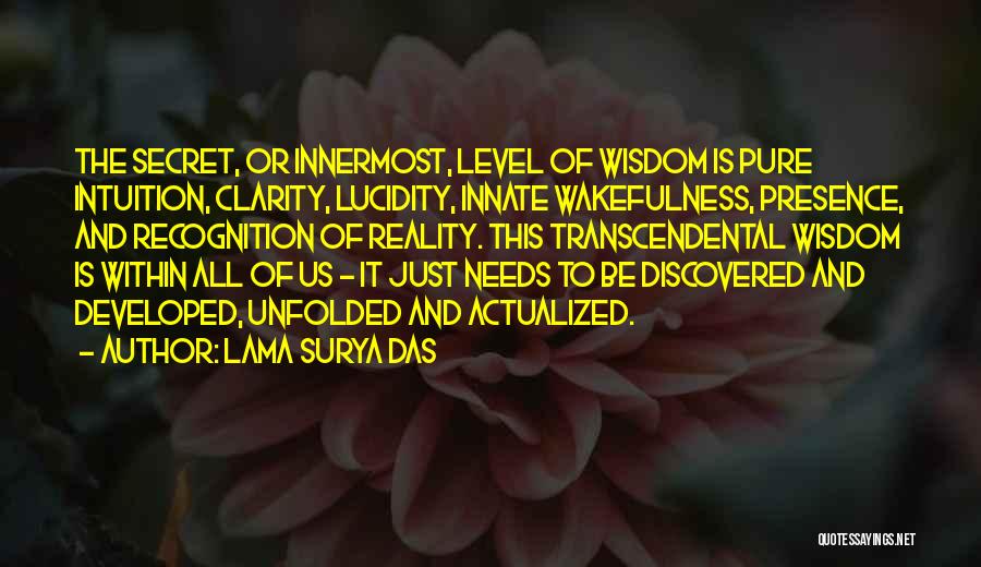 Lama Surya Das Quotes: The Secret, Or Innermost, Level Of Wisdom Is Pure Intuition, Clarity, Lucidity, Innate Wakefulness, Presence, And Recognition Of Reality. This