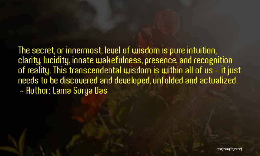 Lama Surya Das Quotes: The Secret, Or Innermost, Level Of Wisdom Is Pure Intuition, Clarity, Lucidity, Innate Wakefulness, Presence, And Recognition Of Reality. This