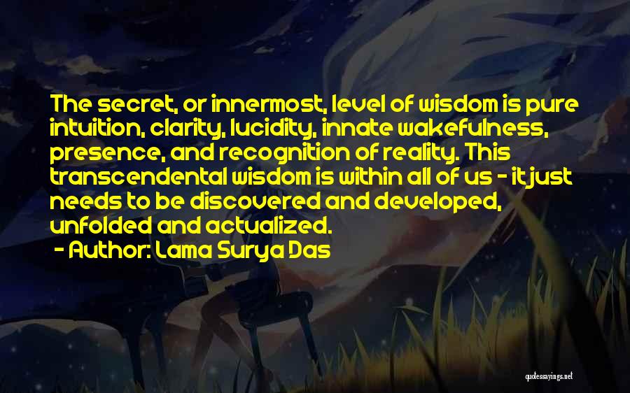 Lama Surya Das Quotes: The Secret, Or Innermost, Level Of Wisdom Is Pure Intuition, Clarity, Lucidity, Innate Wakefulness, Presence, And Recognition Of Reality. This