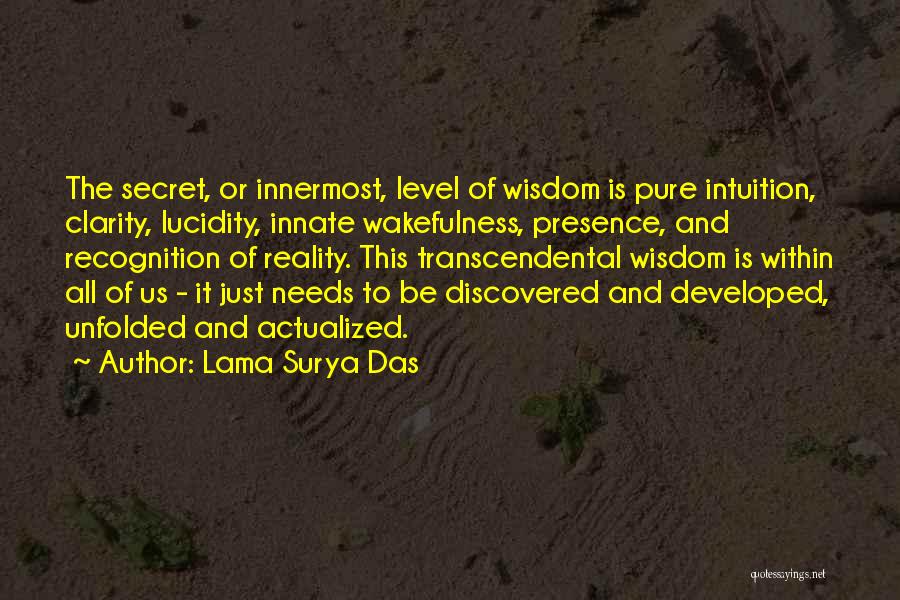 Lama Surya Das Quotes: The Secret, Or Innermost, Level Of Wisdom Is Pure Intuition, Clarity, Lucidity, Innate Wakefulness, Presence, And Recognition Of Reality. This