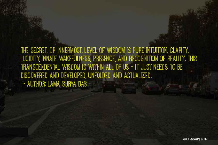 Lama Surya Das Quotes: The Secret, Or Innermost, Level Of Wisdom Is Pure Intuition, Clarity, Lucidity, Innate Wakefulness, Presence, And Recognition Of Reality. This