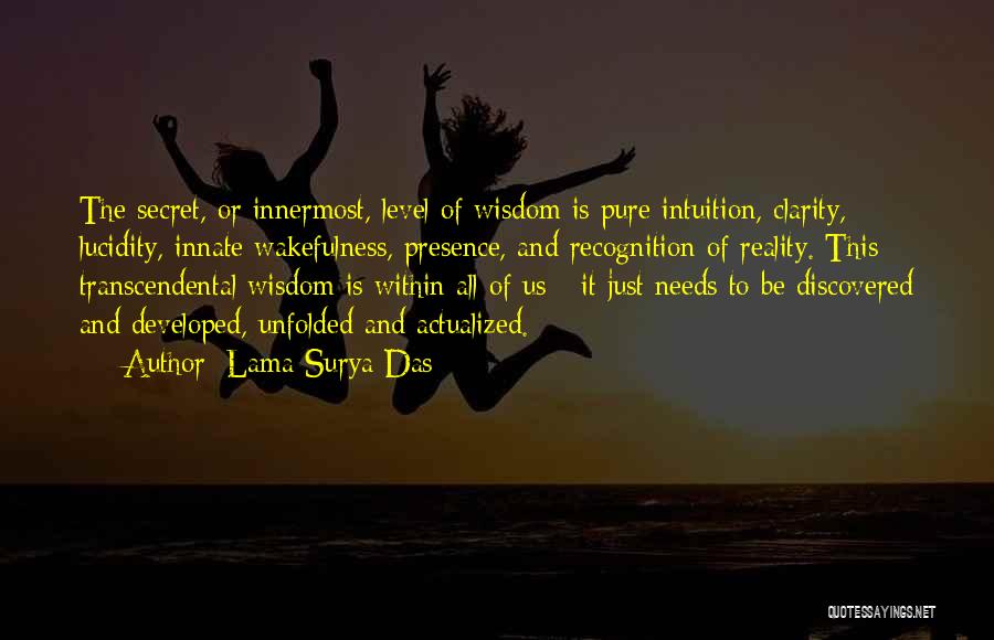 Lama Surya Das Quotes: The Secret, Or Innermost, Level Of Wisdom Is Pure Intuition, Clarity, Lucidity, Innate Wakefulness, Presence, And Recognition Of Reality. This