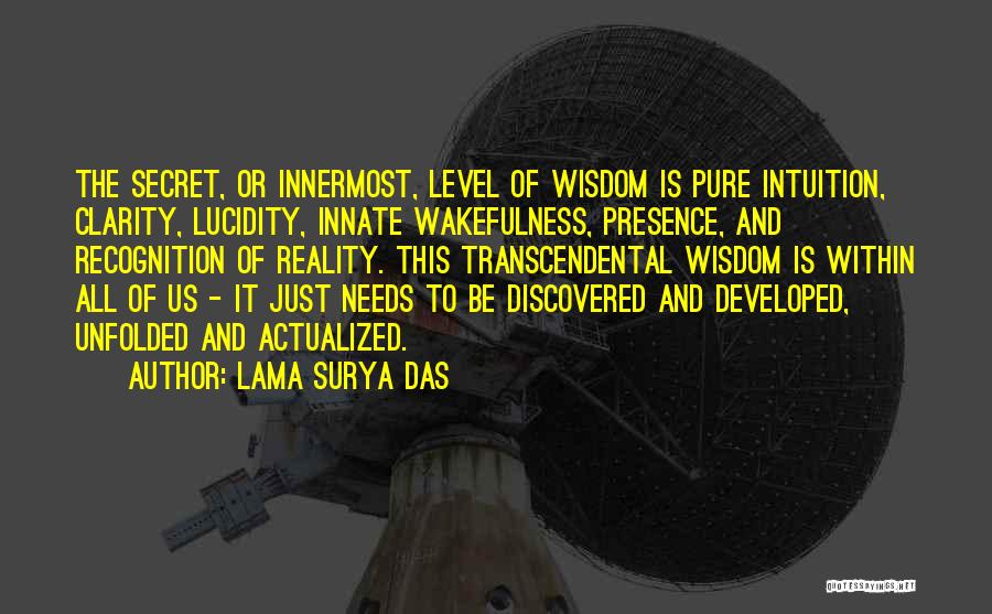 Lama Surya Das Quotes: The Secret, Or Innermost, Level Of Wisdom Is Pure Intuition, Clarity, Lucidity, Innate Wakefulness, Presence, And Recognition Of Reality. This