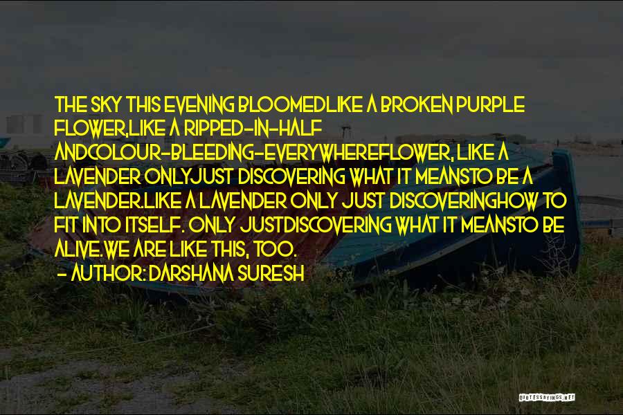 Darshana Suresh Quotes: The Sky This Evening Bloomedlike A Broken Purple Flower,like A Ripped-in-half Andcolour-bleeding-everywhereflower, Like A Lavender Onlyjust Discovering What It Meansto