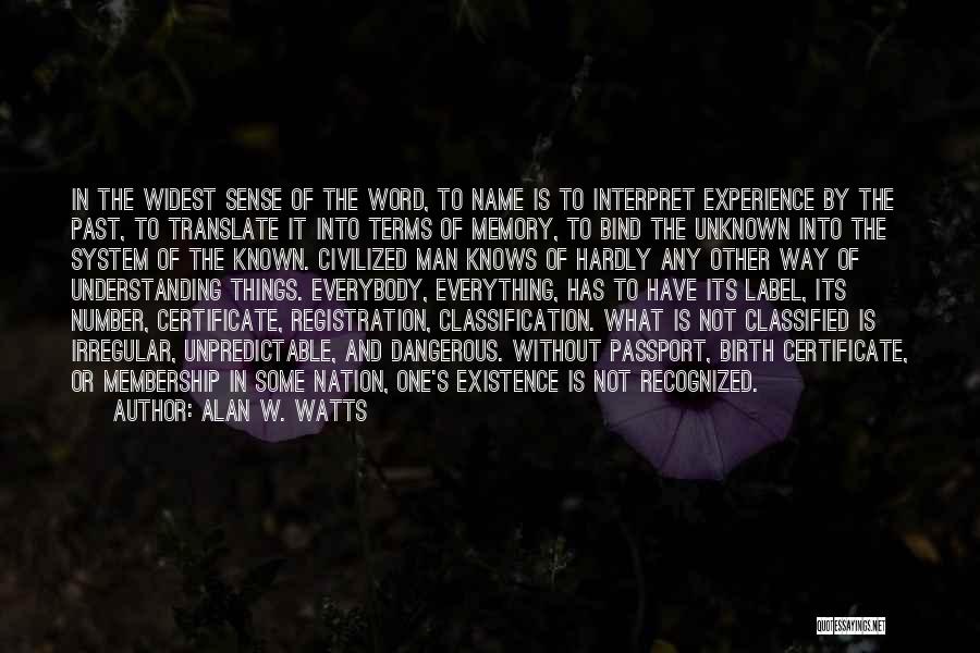 Alan W. Watts Quotes: In The Widest Sense Of The Word, To Name Is To Interpret Experience By The Past, To Translate It Into