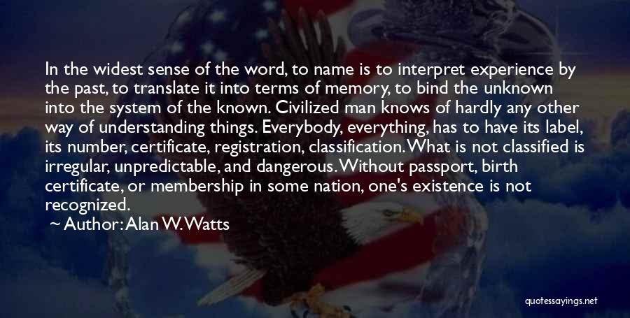 Alan W. Watts Quotes: In The Widest Sense Of The Word, To Name Is To Interpret Experience By The Past, To Translate It Into