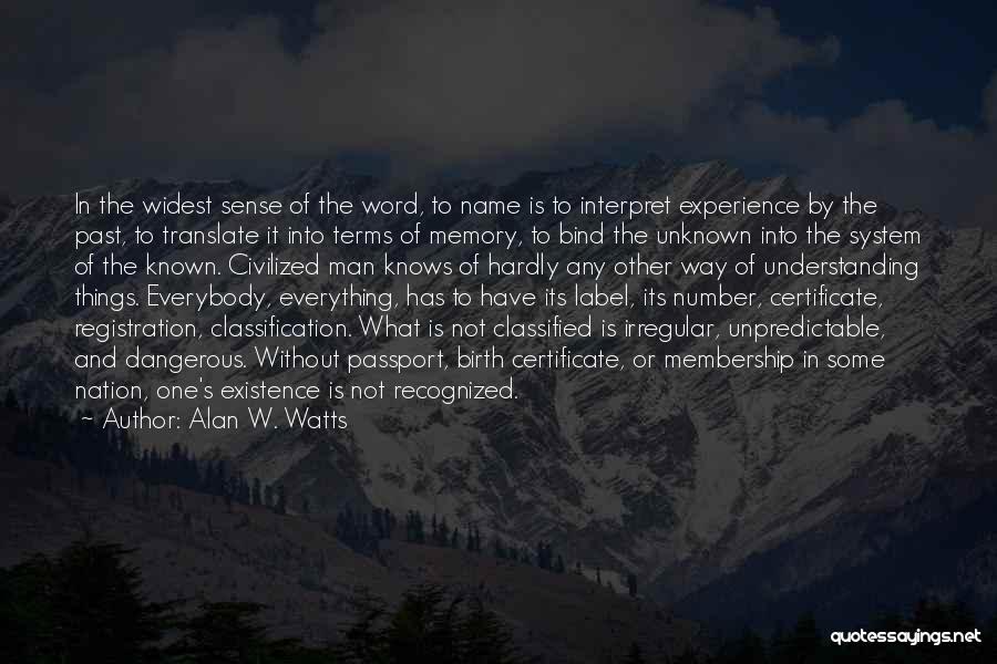 Alan W. Watts Quotes: In The Widest Sense Of The Word, To Name Is To Interpret Experience By The Past, To Translate It Into