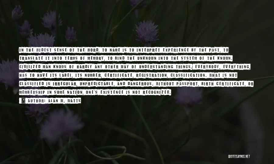 Alan W. Watts Quotes: In The Widest Sense Of The Word, To Name Is To Interpret Experience By The Past, To Translate It Into