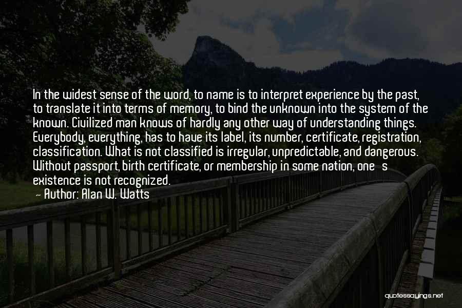 Alan W. Watts Quotes: In The Widest Sense Of The Word, To Name Is To Interpret Experience By The Past, To Translate It Into