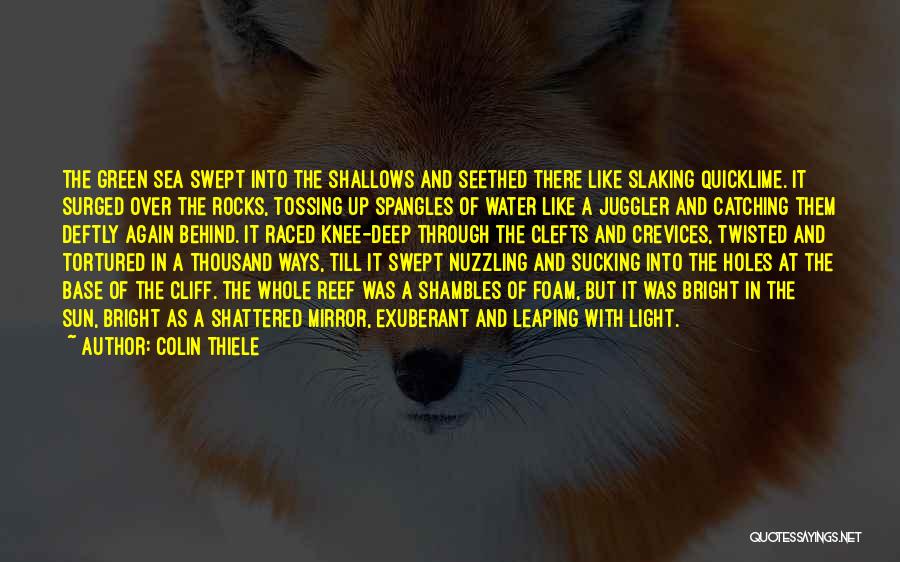Colin Thiele Quotes: The Green Sea Swept Into The Shallows And Seethed There Like Slaking Quicklime. It Surged Over The Rocks, Tossing Up