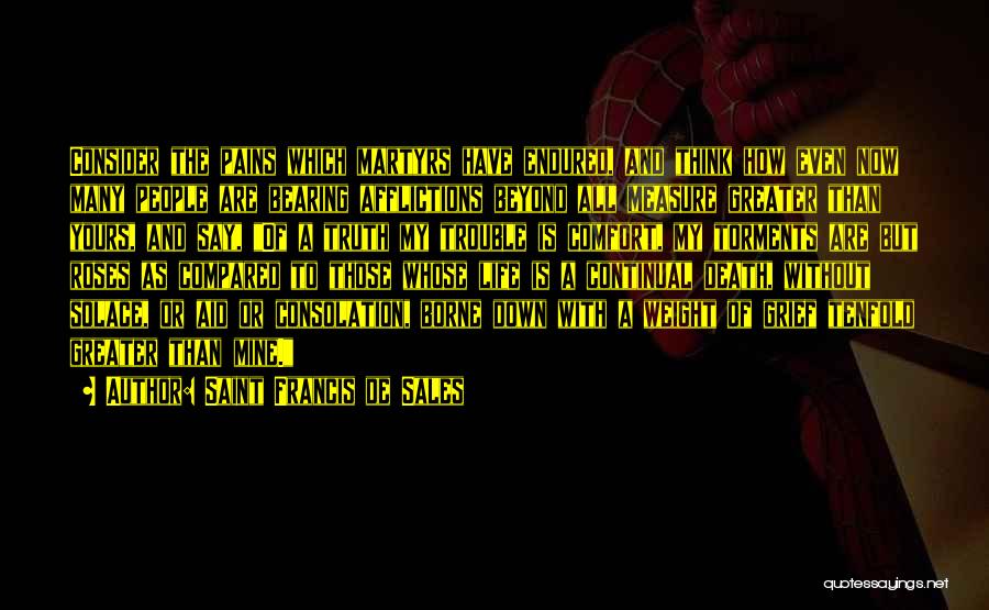 Saint Francis De Sales Quotes: Consider The Pains Which Martyrs Have Endured, And Think How Even Now Many People Are Bearing Afflictions Beyond All Measure