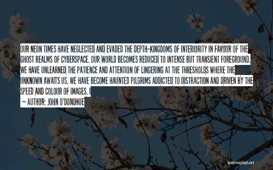 John O'Donohue Quotes: Our Neon Times Have Neglected And Evaded The Depth-kingdoms Of Interiority In Favour Of The Ghost Realms Of Cyberspace. Our