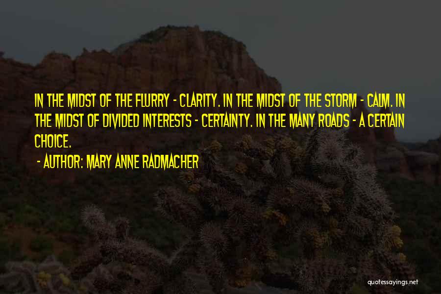 Mary Anne Radmacher Quotes: In The Midst Of The Flurry - Clarity. In The Midst Of The Storm - Calm. In The Midst Of