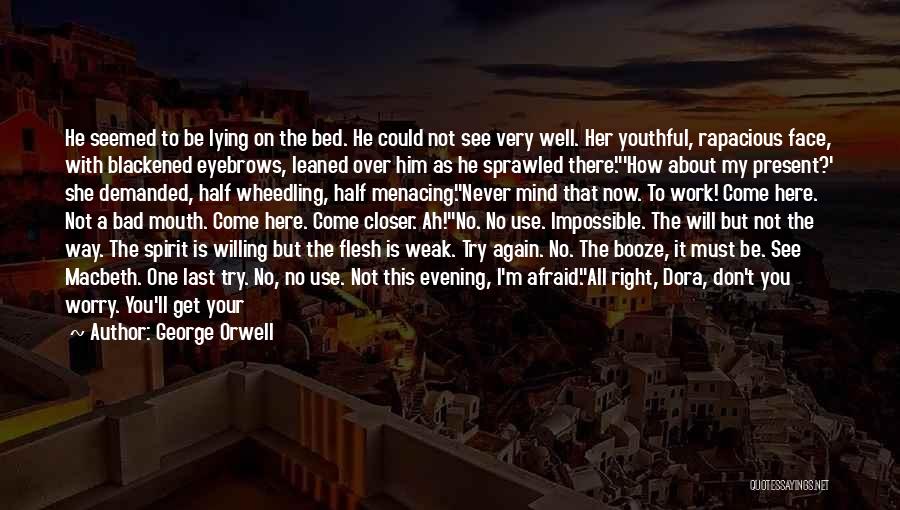 George Orwell Quotes: He Seemed To Be Lying On The Bed. He Could Not See Very Well. Her Youthful, Rapacious Face, With Blackened