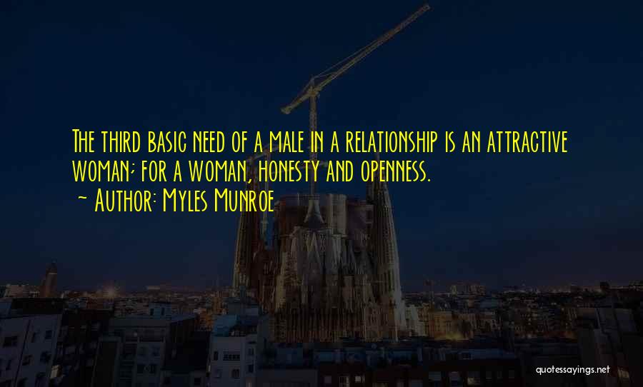 Myles Munroe Quotes: The Third Basic Need Of A Male In A Relationship Is An Attractive Woman; For A Woman, Honesty And Openness.