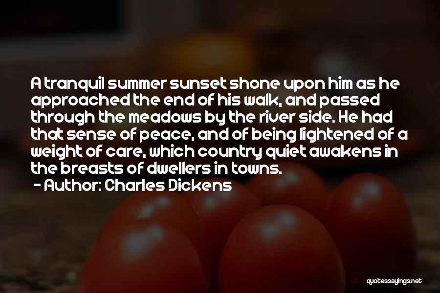 Charles Dickens Quotes: A Tranquil Summer Sunset Shone Upon Him As He Approached The End Of His Walk, And Passed Through The Meadows