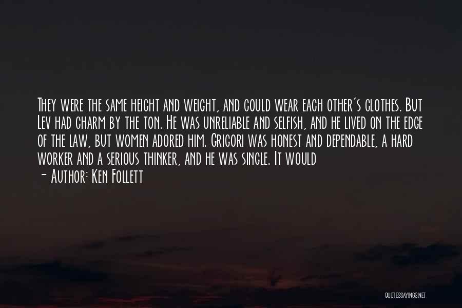 Ken Follett Quotes: They Were The Same Height And Weight, And Could Wear Each Other's Clothes. But Lev Had Charm By The Ton.