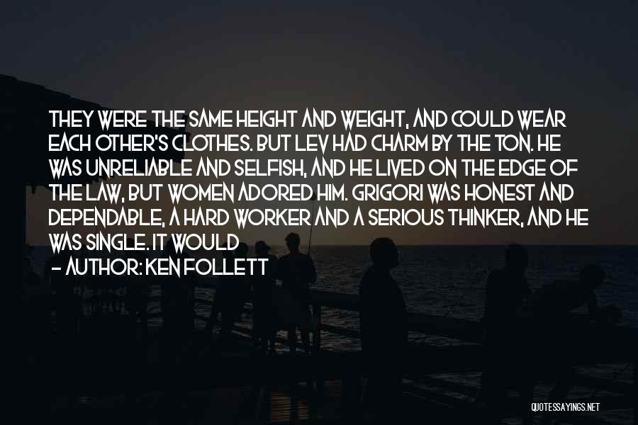 Ken Follett Quotes: They Were The Same Height And Weight, And Could Wear Each Other's Clothes. But Lev Had Charm By The Ton.