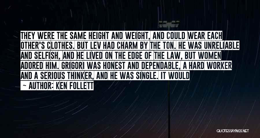 Ken Follett Quotes: They Were The Same Height And Weight, And Could Wear Each Other's Clothes. But Lev Had Charm By The Ton.