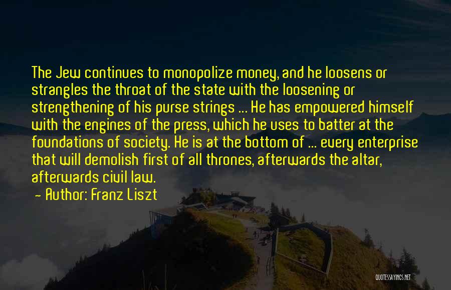 Franz Liszt Quotes: The Jew Continues To Monopolize Money, And He Loosens Or Strangles The Throat Of The State With The Loosening Or