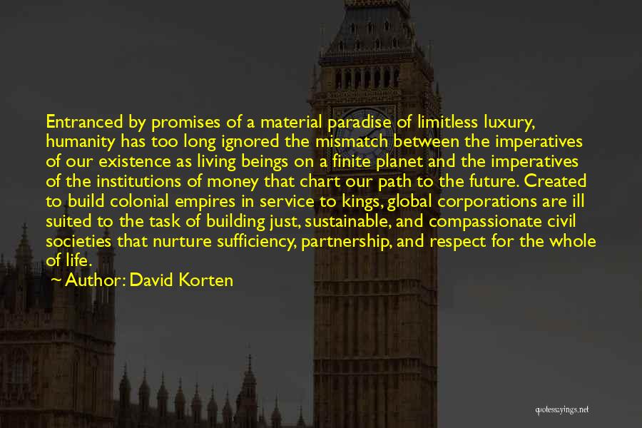 David Korten Quotes: Entranced By Promises Of A Material Paradise Of Limitless Luxury, Humanity Has Too Long Ignored The Mismatch Between The Imperatives