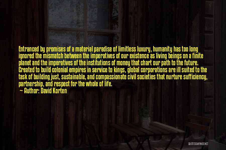 David Korten Quotes: Entranced By Promises Of A Material Paradise Of Limitless Luxury, Humanity Has Too Long Ignored The Mismatch Between The Imperatives