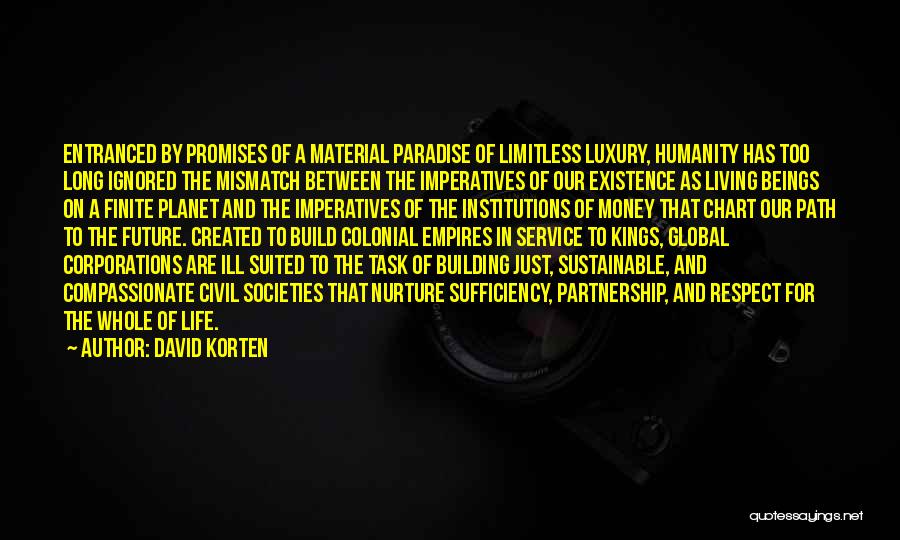 David Korten Quotes: Entranced By Promises Of A Material Paradise Of Limitless Luxury, Humanity Has Too Long Ignored The Mismatch Between The Imperatives