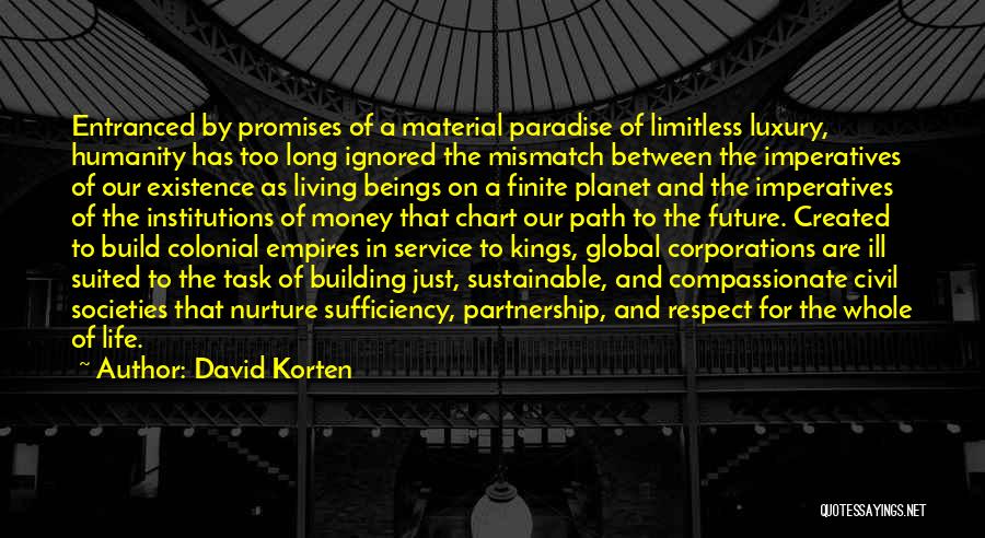 David Korten Quotes: Entranced By Promises Of A Material Paradise Of Limitless Luxury, Humanity Has Too Long Ignored The Mismatch Between The Imperatives