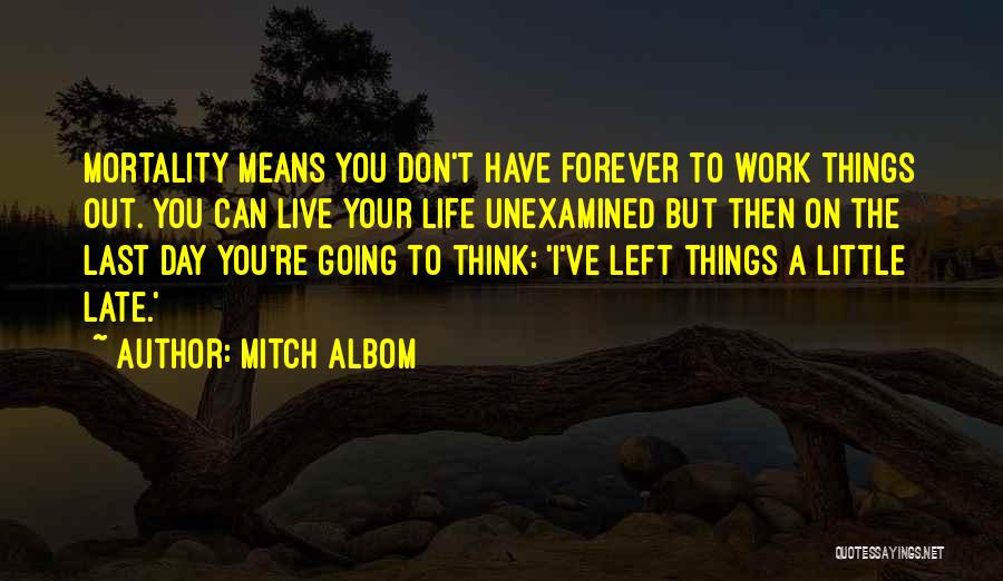 Mitch Albom Quotes: Mortality Means You Don't Have Forever To Work Things Out. You Can Live Your Life Unexamined But Then On The