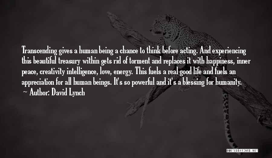David Lynch Quotes: Transcending Gives A Human Being A Chance To Think Before Acting. And Experiencing This Beautiful Treasury Within Gets Rid Of