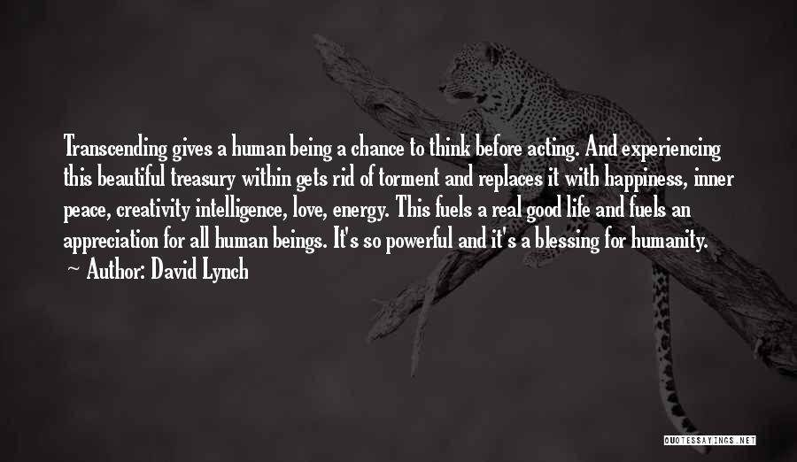 David Lynch Quotes: Transcending Gives A Human Being A Chance To Think Before Acting. And Experiencing This Beautiful Treasury Within Gets Rid Of