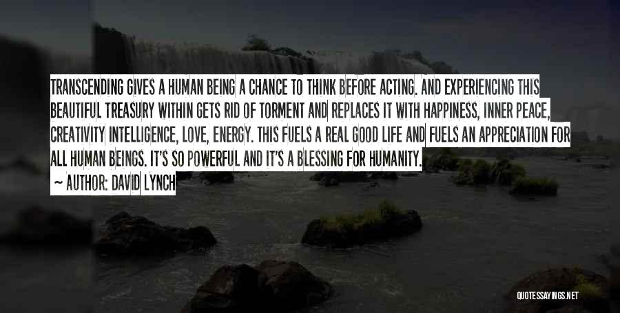 David Lynch Quotes: Transcending Gives A Human Being A Chance To Think Before Acting. And Experiencing This Beautiful Treasury Within Gets Rid Of