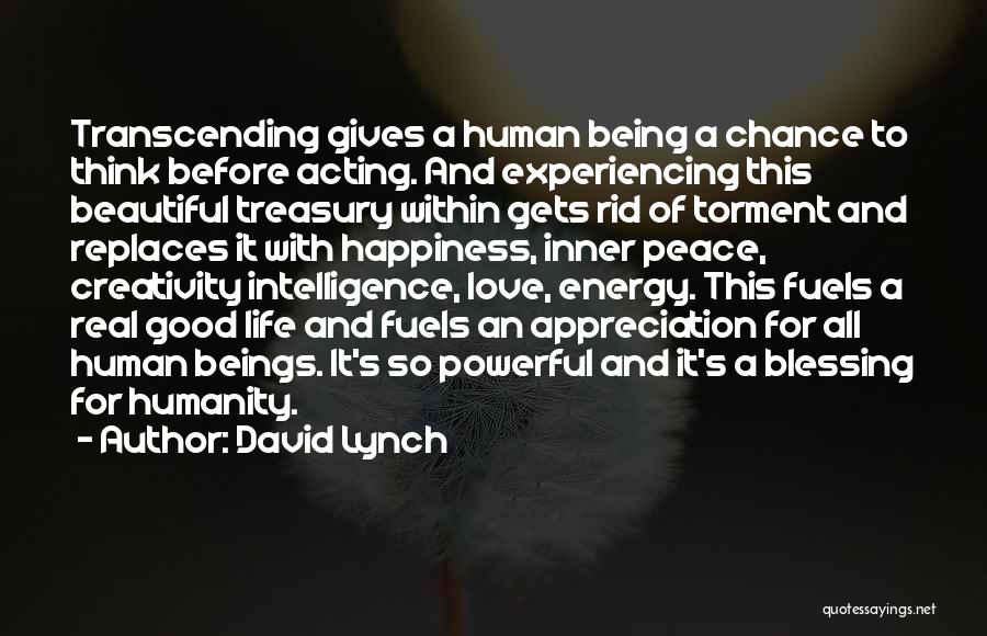 David Lynch Quotes: Transcending Gives A Human Being A Chance To Think Before Acting. And Experiencing This Beautiful Treasury Within Gets Rid Of