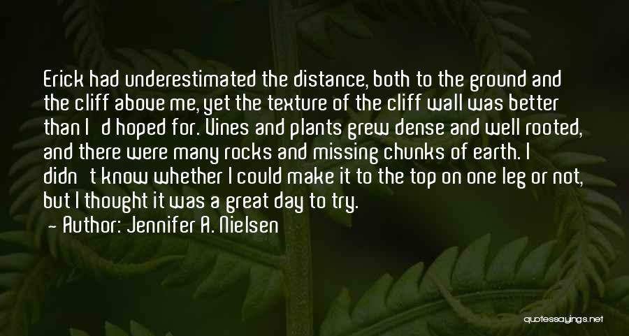 Jennifer A. Nielsen Quotes: Erick Had Underestimated The Distance, Both To The Ground And The Cliff Above Me, Yet The Texture Of The Cliff