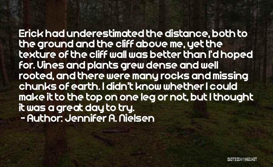 Jennifer A. Nielsen Quotes: Erick Had Underestimated The Distance, Both To The Ground And The Cliff Above Me, Yet The Texture Of The Cliff