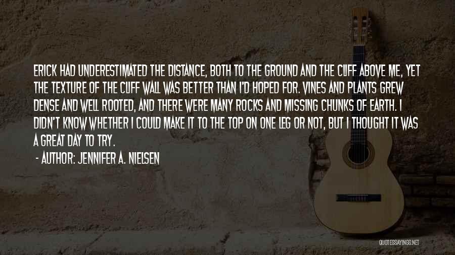 Jennifer A. Nielsen Quotes: Erick Had Underestimated The Distance, Both To The Ground And The Cliff Above Me, Yet The Texture Of The Cliff