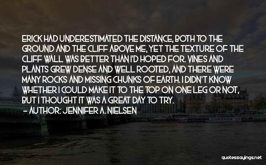 Jennifer A. Nielsen Quotes: Erick Had Underestimated The Distance, Both To The Ground And The Cliff Above Me, Yet The Texture Of The Cliff