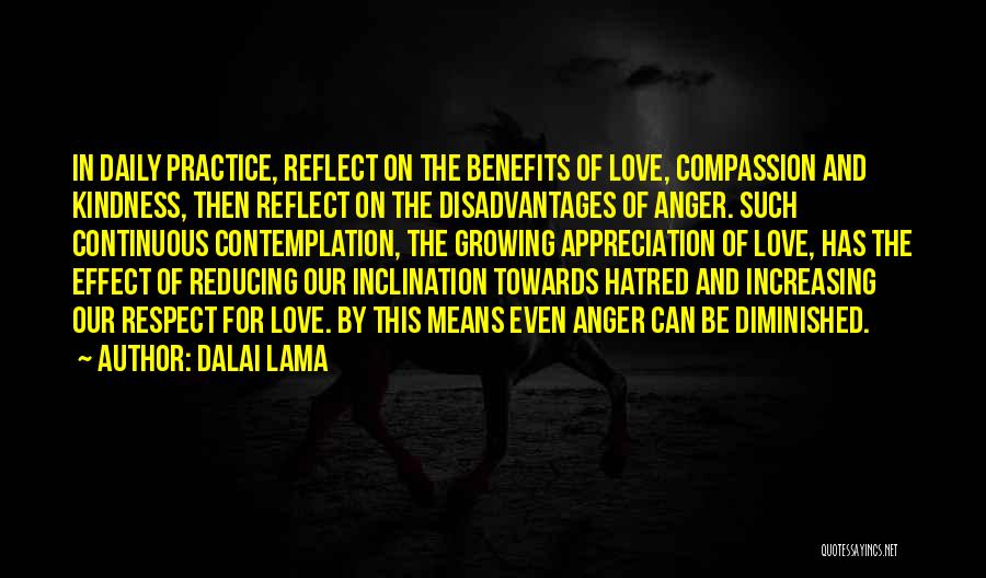 Dalai Lama Quotes: In Daily Practice, Reflect On The Benefits Of Love, Compassion And Kindness, Then Reflect On The Disadvantages Of Anger. Such