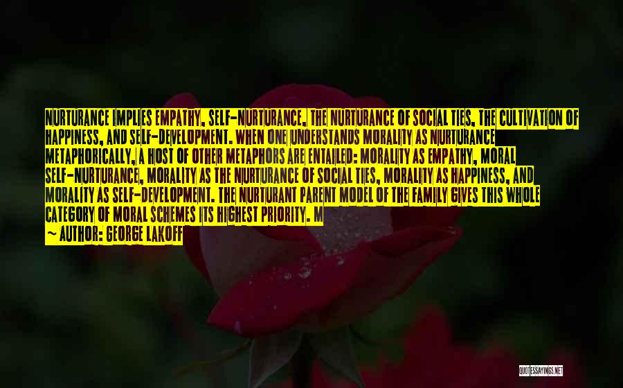 George Lakoff Quotes: Nurturance Implies Empathy, Self-nurturance, The Nurturance Of Social Ties, The Cultivation Of Happiness, And Self-development. When One Understands Morality As