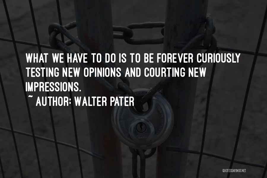 Walter Pater Quotes: What We Have To Do Is To Be Forever Curiously Testing New Opinions And Courting New Impressions.