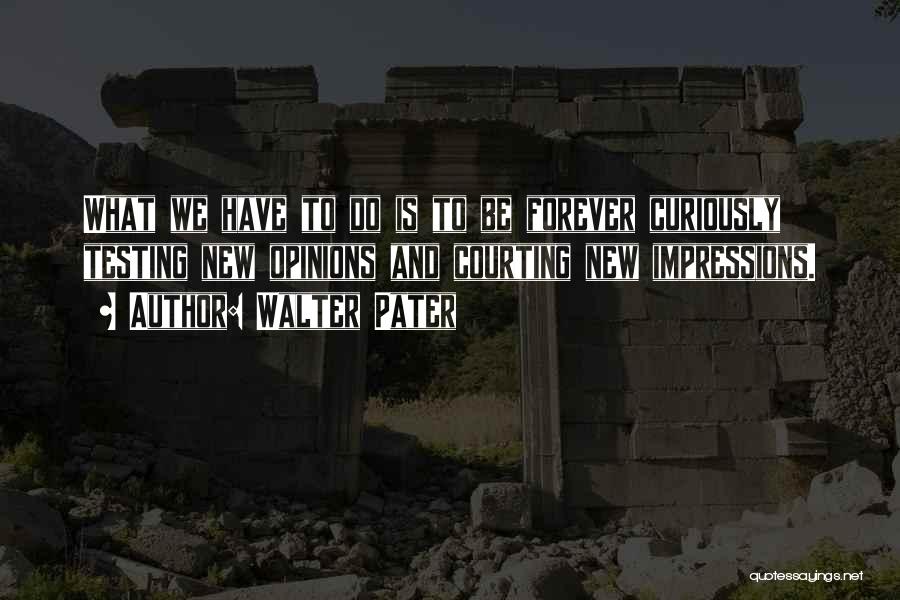 Walter Pater Quotes: What We Have To Do Is To Be Forever Curiously Testing New Opinions And Courting New Impressions.