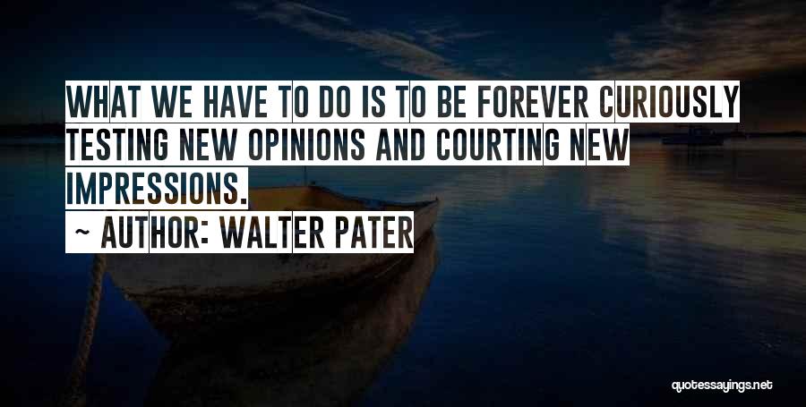 Walter Pater Quotes: What We Have To Do Is To Be Forever Curiously Testing New Opinions And Courting New Impressions.