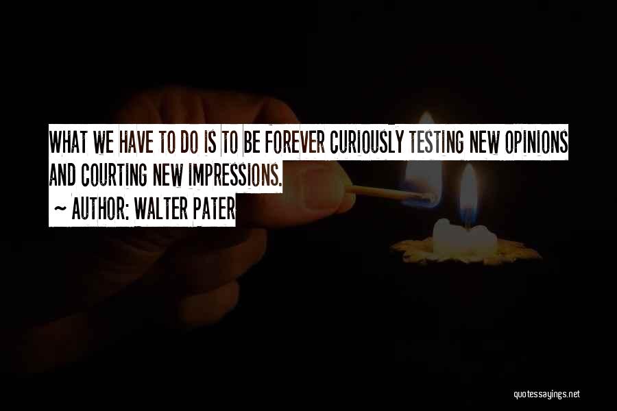Walter Pater Quotes: What We Have To Do Is To Be Forever Curiously Testing New Opinions And Courting New Impressions.