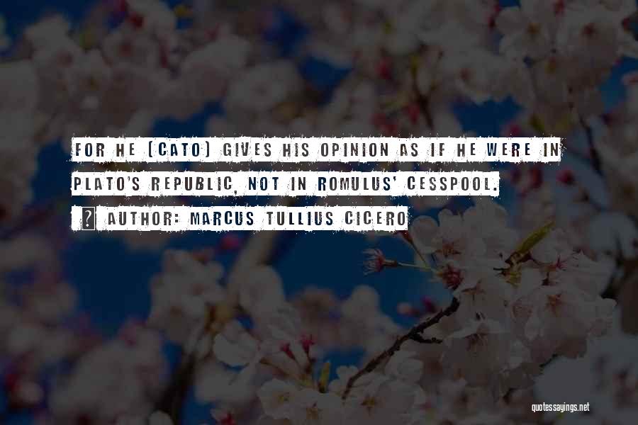 Marcus Tullius Cicero Quotes: For He (cato) Gives His Opinion As If He Were In Plato's Republic, Not In Romulus' Cesspool.