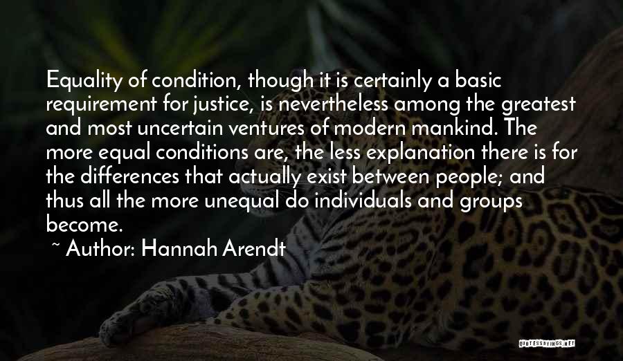 Hannah Arendt Quotes: Equality Of Condition, Though It Is Certainly A Basic Requirement For Justice, Is Nevertheless Among The Greatest And Most Uncertain