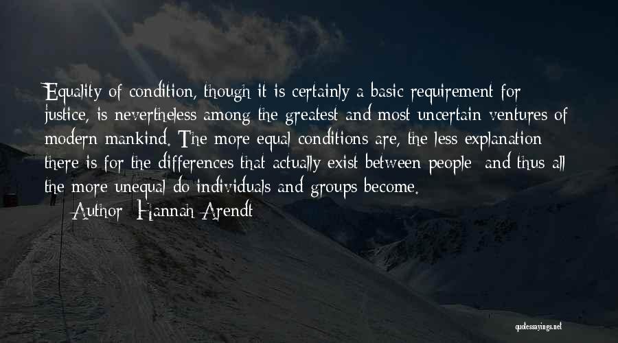 Hannah Arendt Quotes: Equality Of Condition, Though It Is Certainly A Basic Requirement For Justice, Is Nevertheless Among The Greatest And Most Uncertain